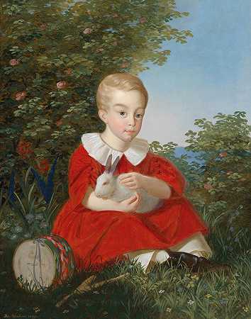 约瑟夫·韦德纳的《一个男孩和一只小兔子的肖像》