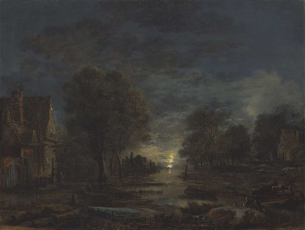 A moonlit landscape, with an inn beside a river-