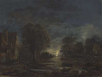 “月光下的风景，阿尔特·范德内尔河边的一家客栈