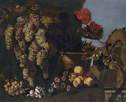 乔瓦尼·巴蒂斯塔·鲁奥波洛的《葡萄藤上挂着葡萄、无花果和真菌的静物》