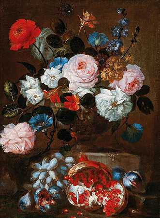 弗朗茨·维尔纳·冯·塔姆的《花瓶里的花，葡萄和石榴》