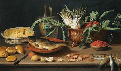 Jacob Foppens van Es的《陶土盘上有鱼，扇贝盘中有芦笋、朝鲜蓟和樱桃的静物》