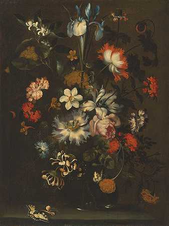 Jan Pieter Brueghel的《窗台上有蝴蝶的玻璃花瓶里的鸢尾花、康乃馨、玫瑰和其他花朵》