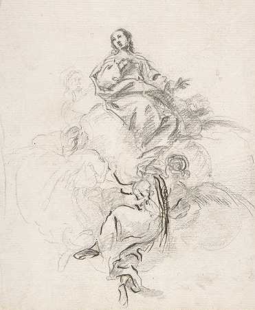 佩德罗·杜奎·科内霍的《坐在云层上的圣母无瑕受孕》，由四位天使支撑