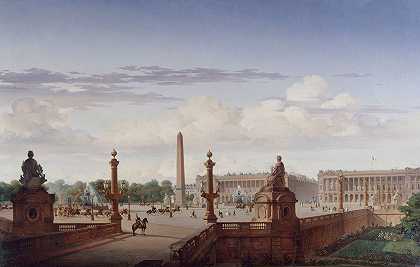 “协和广场（Place de la Concorde），从eau边缘的露台上俯瞰路易·菲利普国王（King Louis Philippe）乘车穿过广场（Place de la Concorde），由让-查尔斯·盖斯林（Jean-Charles Geslin）驾驶