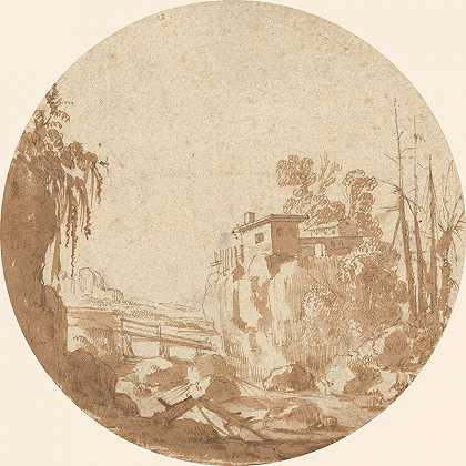 查尔斯·科内利兹·德·胡奇的《带桥和房子的岩石风景》
