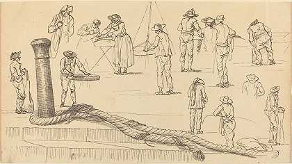 Claude Joseph Vernet的《岸边人物和系在护柱上的一段绳索》