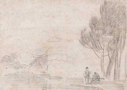 理查德·威尔逊的《被摧毁的密涅瓦神庙，河岸上的两个人物》