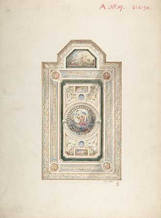 1868年7月，弗雷德里克·桑（Frederick Sang）绘制的带有桑花押字的天花板设计铭刻图