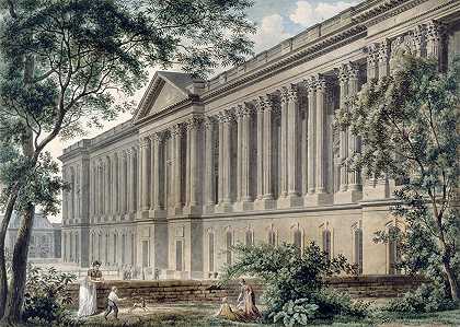 “卢浮宫柱廊是路易·皮埃尔·巴尔塔德（Louis Pierre Baltard）从Hotel du Count Angiviller的花园中拍摄的