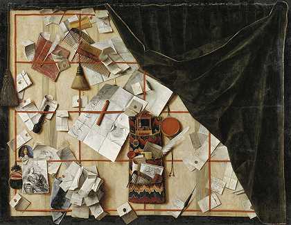 Cornelius Norbertus Gijsbrechts的《带克里斯蒂安五世宣言的书架》