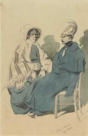 亨利·博纳文图尔·蒙尼尔（Henry Bonaventure Monnier）的《戴着头盔和蓝色斗篷的库拉西尔坐在旅行厕所里的一位老太太旁边》
