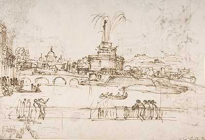 Giovanni Francesco Grimaldi的《在罗马圣安吉洛城堡观看烟火表演的人物》