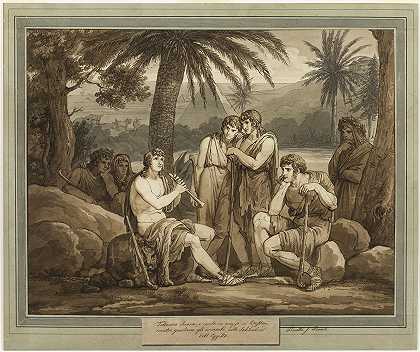 “Telemachus为埃及的牧羊人演奏和歌唱，摘自Bartolomeo Pinelli的《Telemacus历险记》第2册