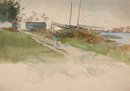 埃德温·奥斯汀·艾比（Edwin Austin Abbey）的《风景，人影沿着小路行走，远处是水》
