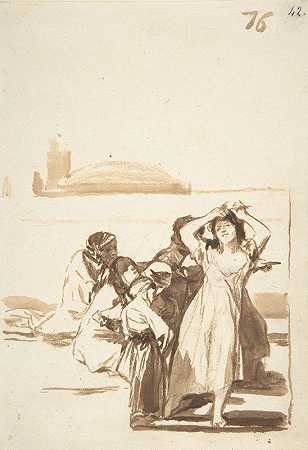 弗朗西斯科·德·戈亚（Francisco de Goya）的一组人物注视着一名拉扯头发的女子