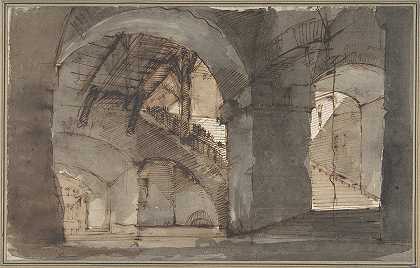 Domenico Fossati的《一座高高的地下城，右侧有楼梯》