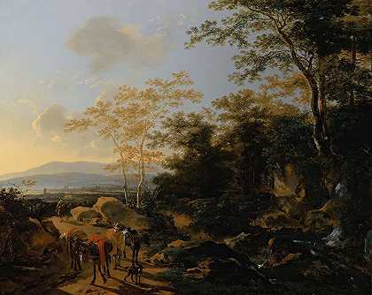 Willem de Heusch的《瀑布边有旅行者和骡子的意大利风景》