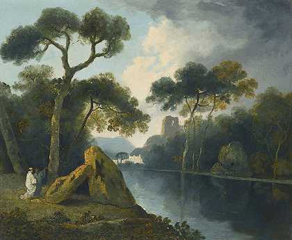 威廉·霍奇斯（William Hodges）的《一幅河流风景，僧侣在一对巨石旁交谈，废墟在远处》