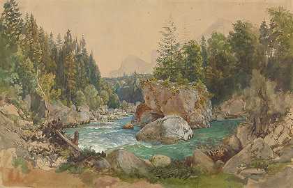 托马斯·恩德的《阿尔卑斯山的森林河流风景》