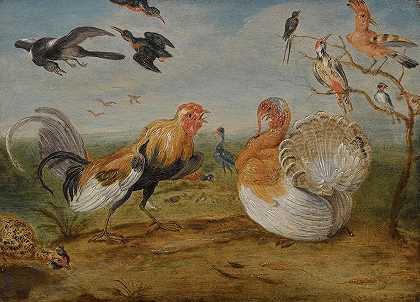 《一幅有一只公鸡和一只火鸡争吵的风景，还有其他猫咪》作者：Jan Van Kessel The Elder