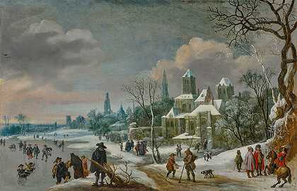 丹尼尔·范·海尔（Daniel Van Heil）的《冰河上花样滑冰的冬季城市风景》