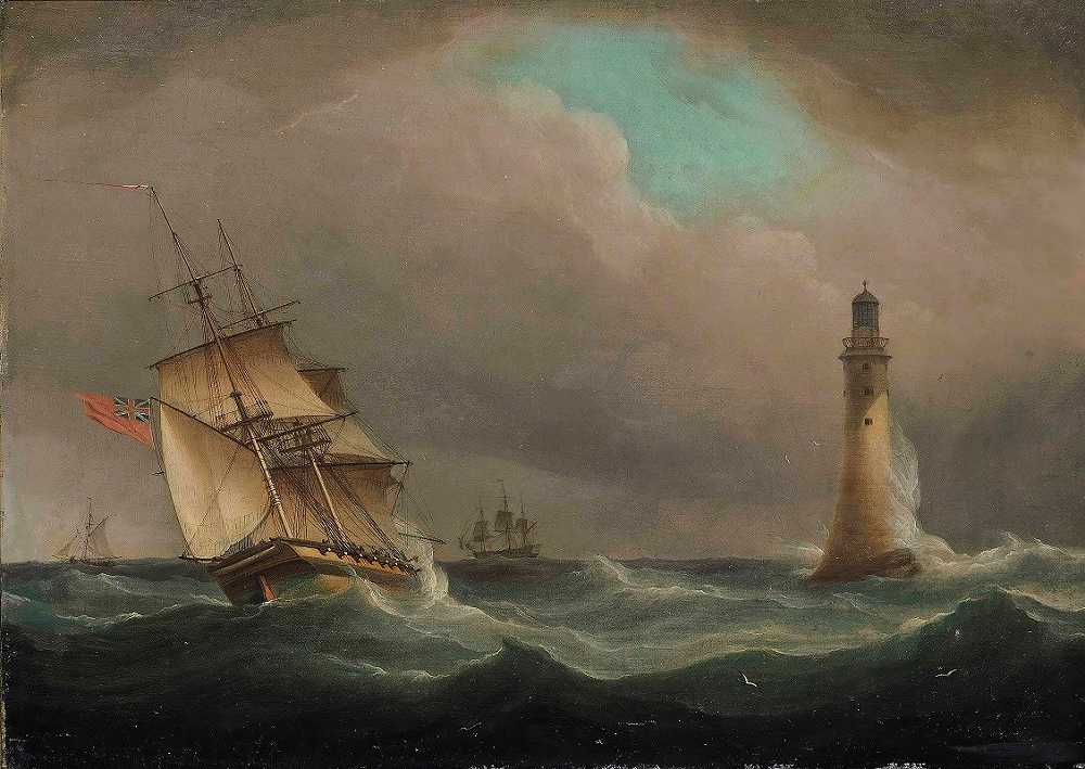 托马斯·惠特科姆（Thomas Whitcombe）的《在微风中治愈埃迪斯通灯塔的护卫舰》