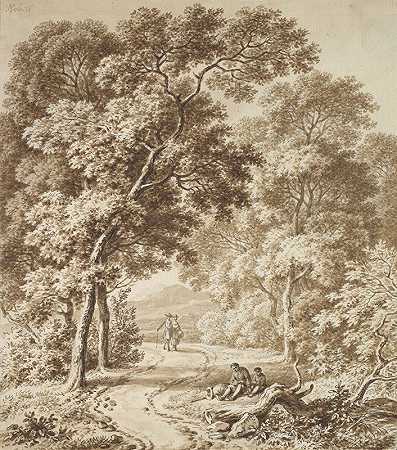 费迪南德·科贝尔（Ferdinand Kobell）的《两个乞丐和一对情侣漫步的树木环绕的小路》