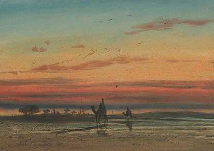 《埃及日落，两个贝多因人骑着骆驼》路易斯·阿马布·克拉佩莱著