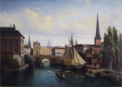《斯德哥尔摩Riddarholmskanalen的景色》，1835年，古斯塔夫·威廉·帕尔姆著