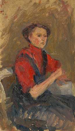 《穿着红色毛衣的年轻女子肖像》作者：Ľudovít Pitthordt