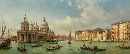 路易吉·奎雷纳（Luigi Querena）的《翻车船上的贡多拉和小船，向西眺望圣玛丽亚·德拉致敬》