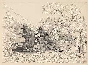 亨利·斯温伯恩的《瀑布与山羊的岩石风景》
