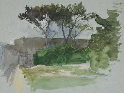 埃德温·奥斯汀·艾比的树木和石墙风景研究