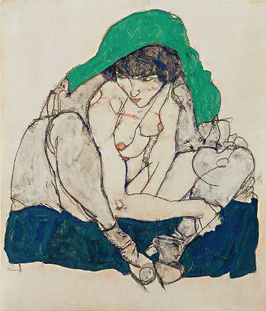 埃贡·席勒的《绿色头巾的卧女》