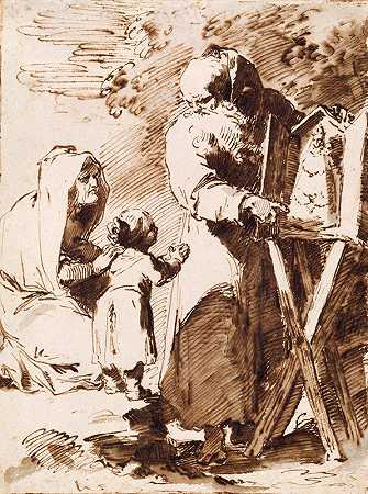 彼得罗·安东尼奥·诺维利（Pietro Antonio Novelli）的《一个留着胡子的和尚向祈祷的孩子展示便携式祭坛，一位老妇人跪着》