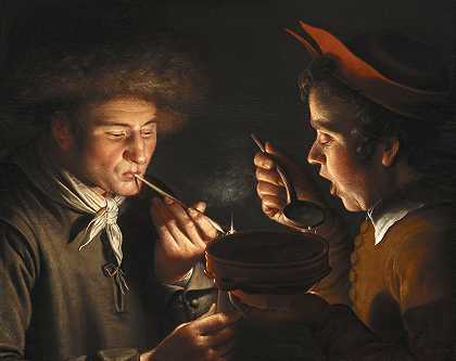 威廉·范德弗利特的《一个男人抽烟，另一个男人在烛光下吃饭》