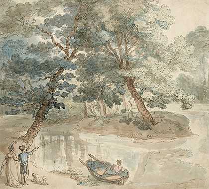 托马斯·罗兰森（Thomas Rowlandson）的《湖边与狗的优雅身影》