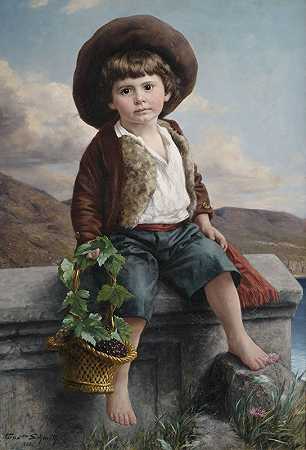 恩斯特·施密茨（Ernst Schmitz）的《一个农民男孩的画像》，墙上挂着一篮葡萄