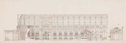 “兰斯大教堂中堂的横截面，由查尔斯·珀西尔为国王路易十八加冕而装饰
