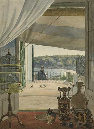 卡尔·威廉·哥茨洛夫的《俯瞰那不勒斯湾的阳台上的古物》