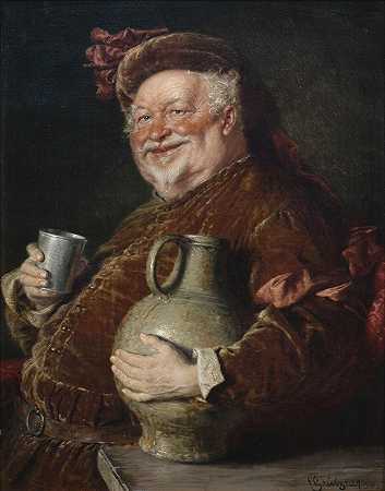 爱德华·冯·格吕茨纳（Eduard von Grützner）的法斯塔夫（Falstaff）拿着酒壶和白铜杯坐在桌子上
