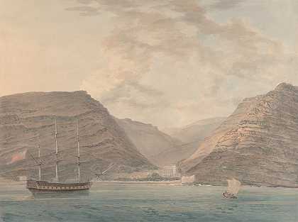 塞缪尔·戴维斯（Samuel Davis）的《停泊在港口，背景中的山脉》（Man of War Moored in Harbor，Mountains in the Background）