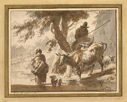 尼古拉斯·皮特斯（Nicolaes Pietersz）的《母牛与一对夫妇和一条狗穿过福特》