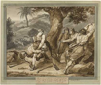 “Telemachus Battles the Lion，摘自Bartolomeo Pinelli的《Telemacus历险记》第2册