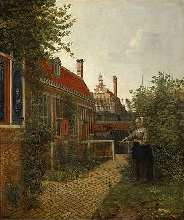 Pieter De Hooch的《厨房花园里拿着一篮子豆子的女人》