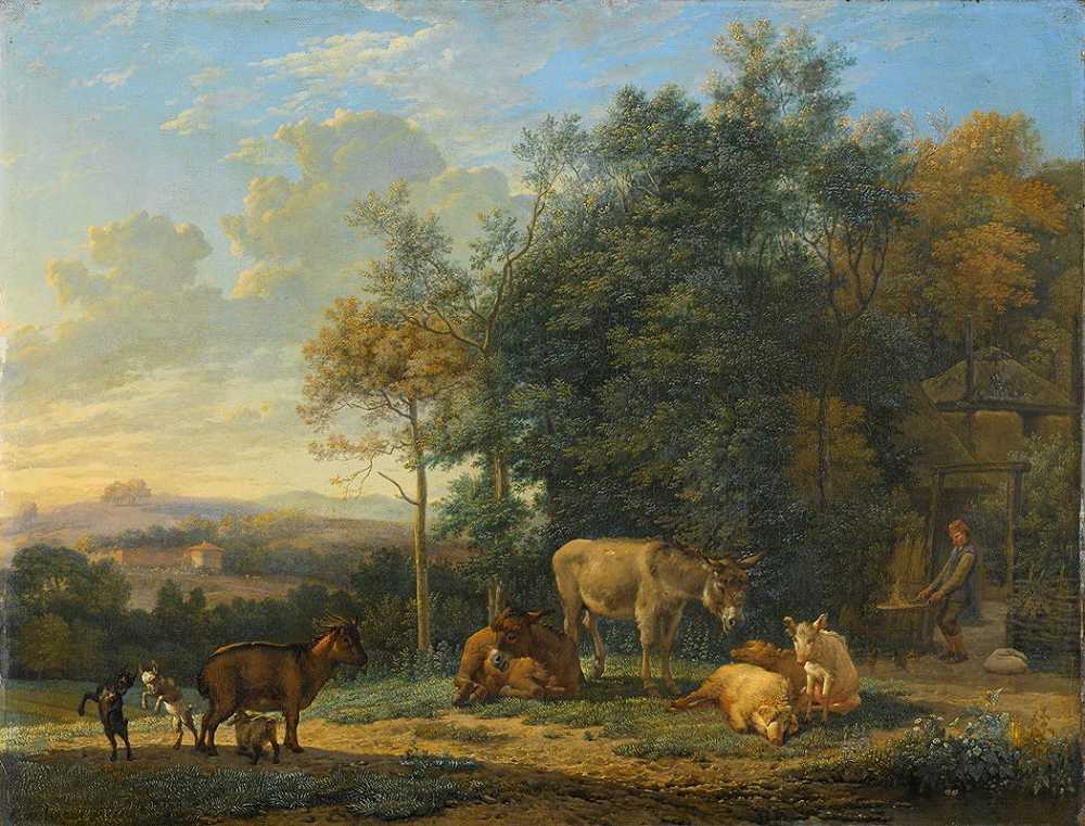 Karel Dujardin《两只驴、山羊和猪的风景》