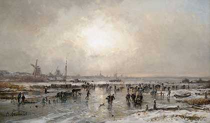 阿道夫·斯塔德曼（Adolf Stademann）的《在荷兰城市剪影前结冰的运河上享受冬季冰雪乐趣》