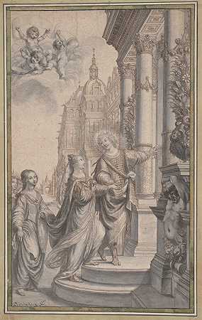 《一幅正面画的设计：一名男子引导一名戴皇冠的女子和她的侍从进入宫殿的入口》
