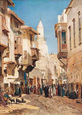 “年轻的约翰·瓦利（John Varley the Younger）在开罗埃米尔·明达尔清真寺前的一条繁华街道